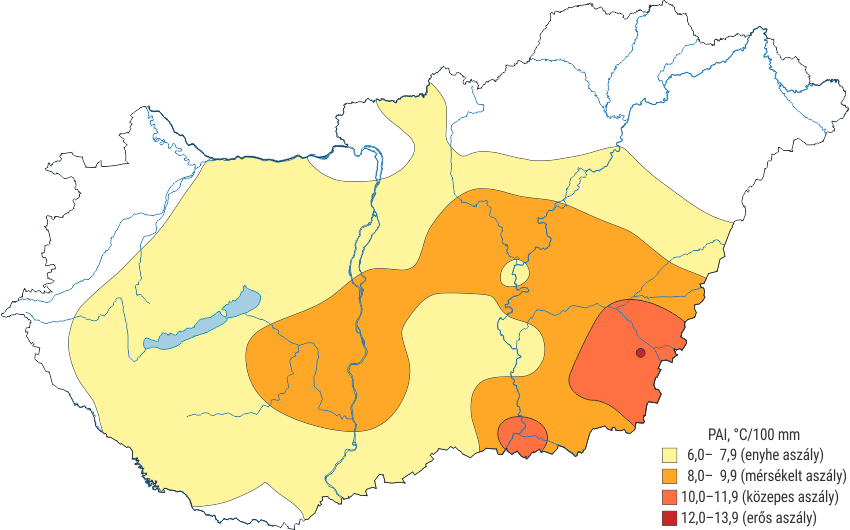 Az asz�lyindex (PAI) 2021-re sz�m�tott �rt�keinek ter�leti eloszl�sa